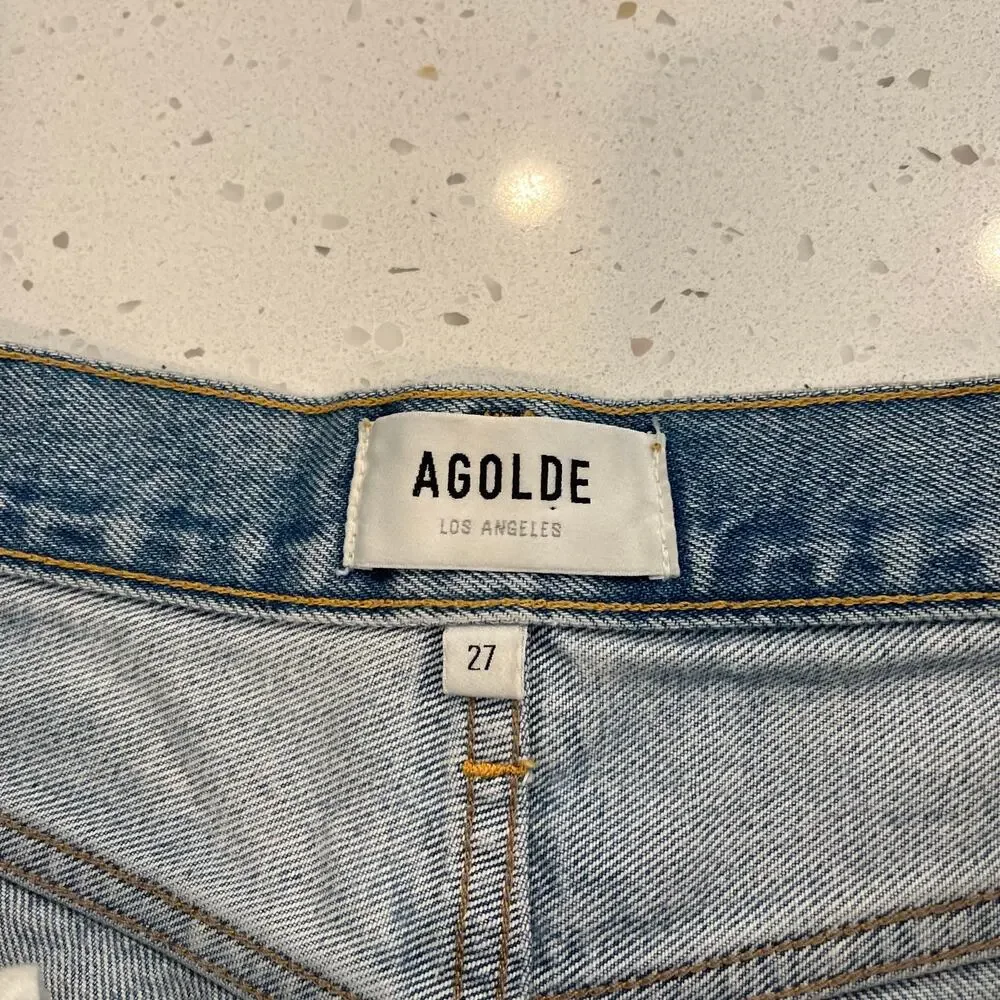 Agolde Parker Long Light Blue Distressed Denim Shorts in Swapmeet 27